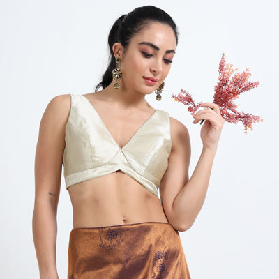 Champagne Gold Shimmer Solid V-Neck Blouse with Sculpted Design and Back Hook Closure - Laasya Trends