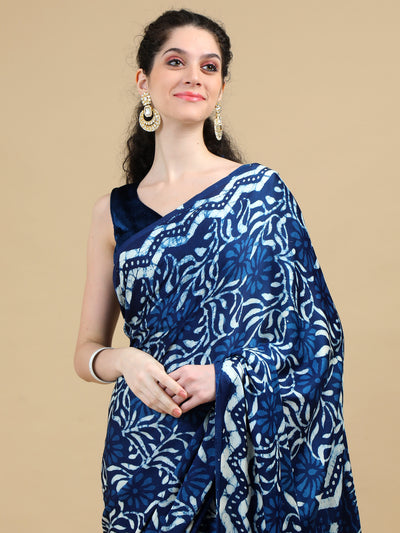 Stunning Indigo Ajrakh Hand Block Print on Modal Silk Saree - Laasya Trends