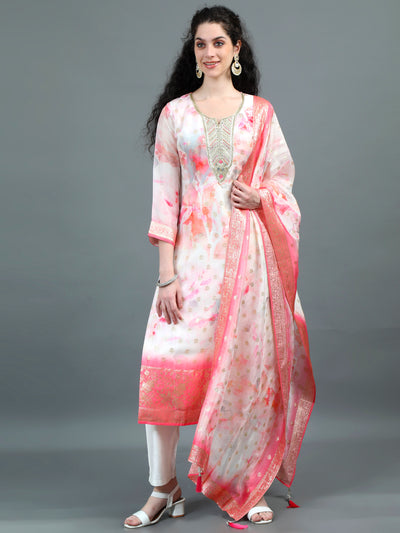 White & Pink Watercolor Printed Kurta Suit with Zari border - Laasya Trends