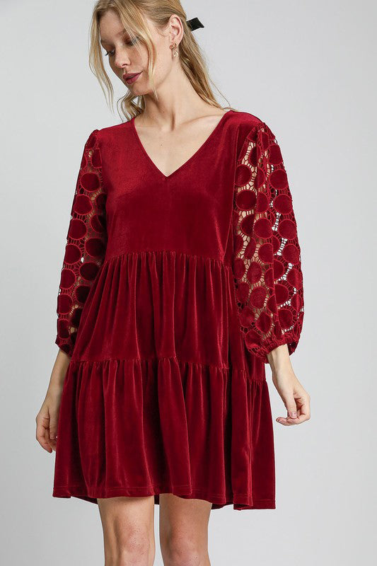 Dotted Lace Sleeve Tiered Velvet Mini Dress – Laasya Trends