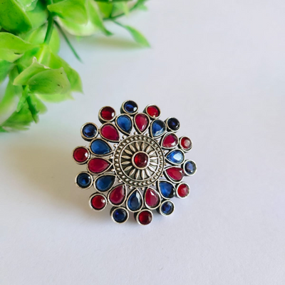 Floral Dual Tone Oxidized Silver Alike stone Ring