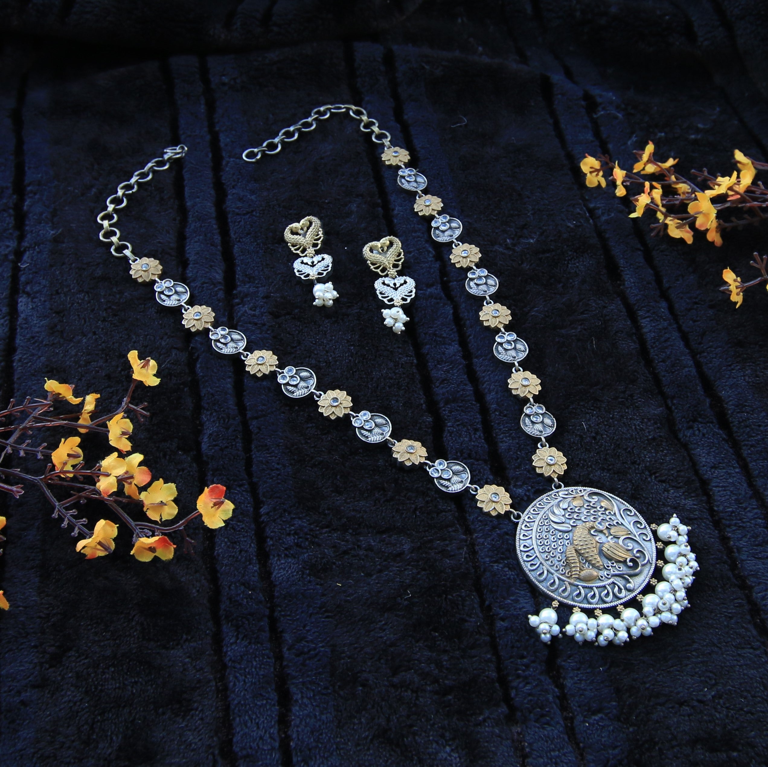 Oxidized Dual Tone Long Chain with Peacock Embossment Set - Laasya Trends