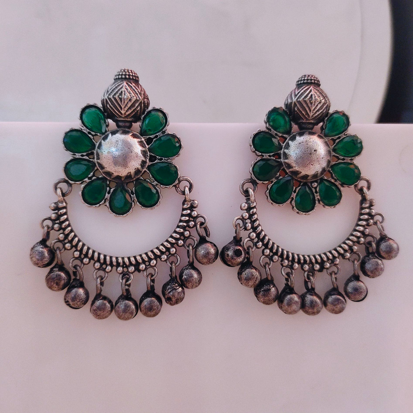 Exquisite Oxidized Silver alike Floral Chandbali Earrings with Colourful Stones