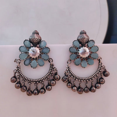 Exquisite Oxidized Silver alike Floral Chandbali Earrings with Colourful Stones