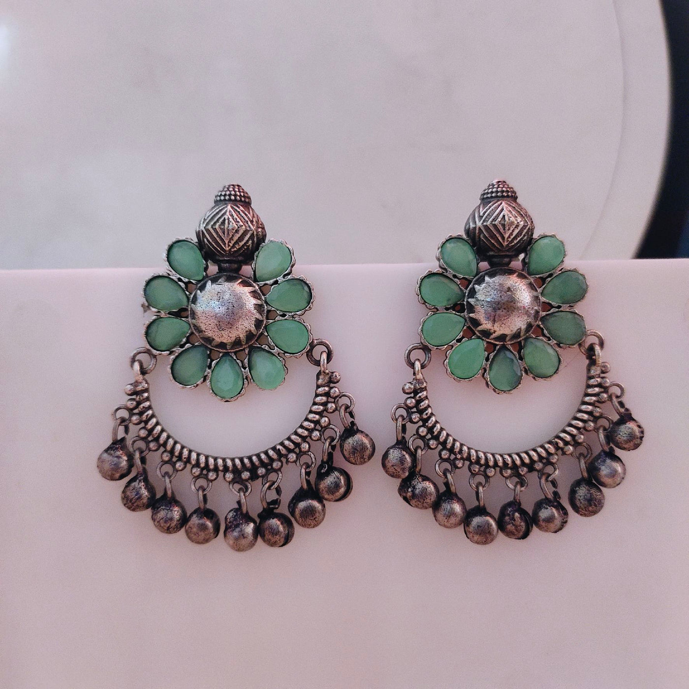 Exquisite Oxidized Silver alike Floral Chandbali Earrings with Colourful Stones