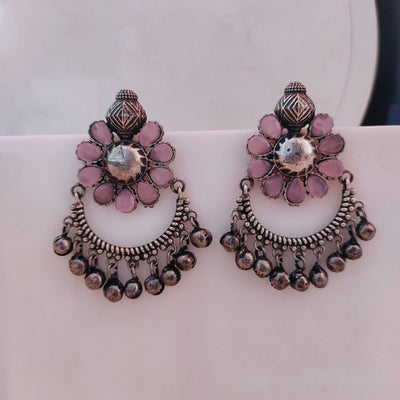 Exquisite Oxidized Silver alike Floral Chandbali Earrings with Colourful Stones