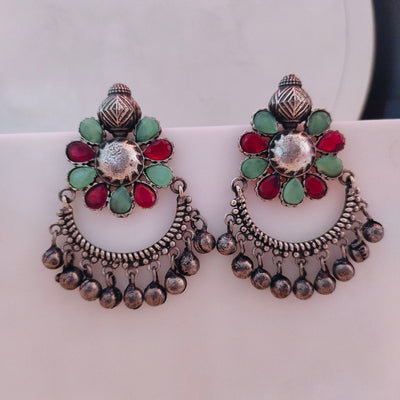 Exquisite Oxidized Silver alike Floral Chandbali Earrings with Colourful Stones