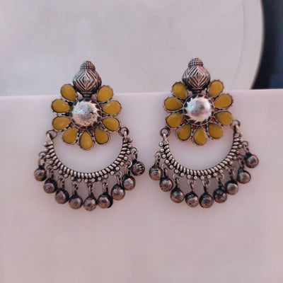 Exquisite Oxidized Silver alike Floral Chandbali Earrings with Colourful Stones