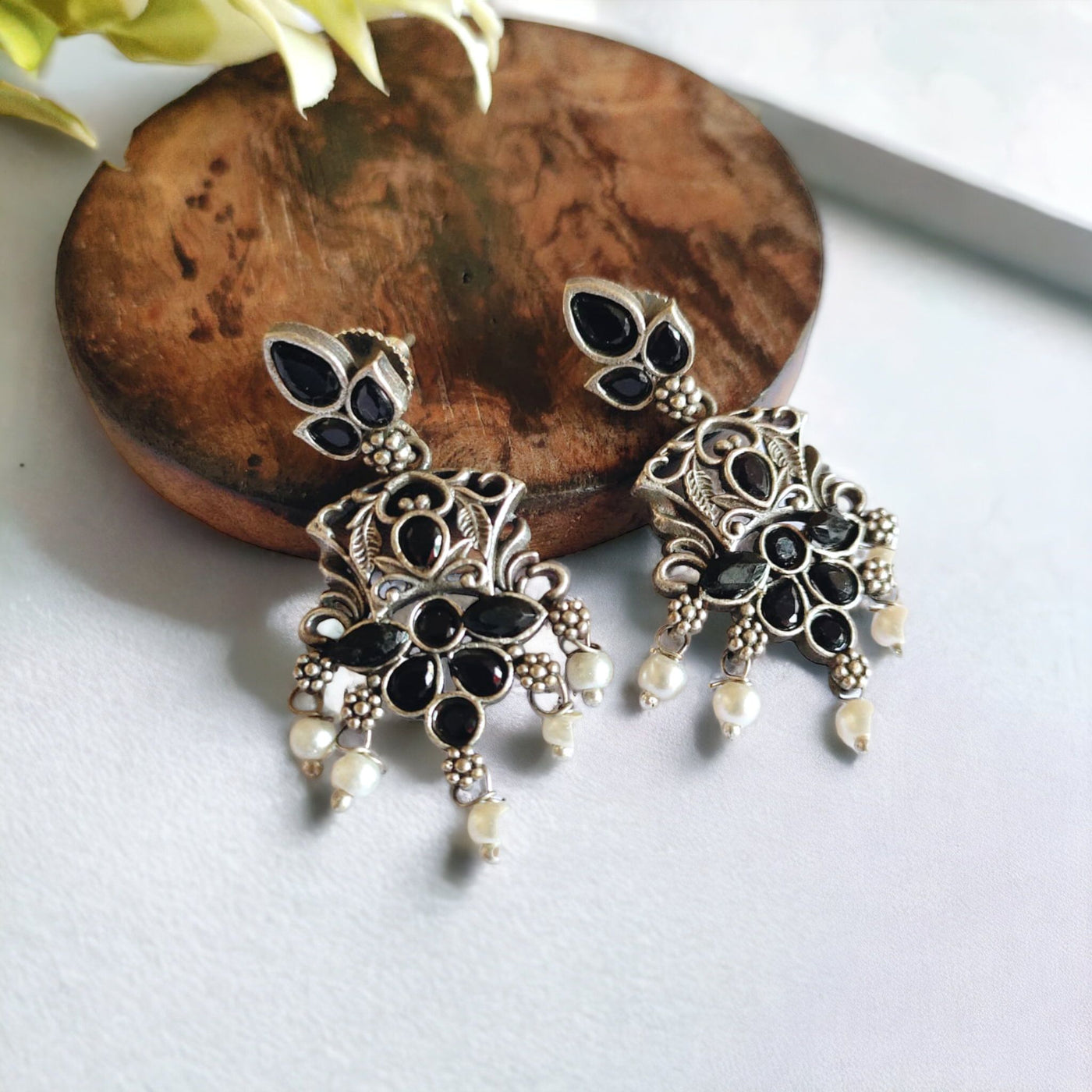 Antique Oxidized Silver Earrings with Stones and Pearls