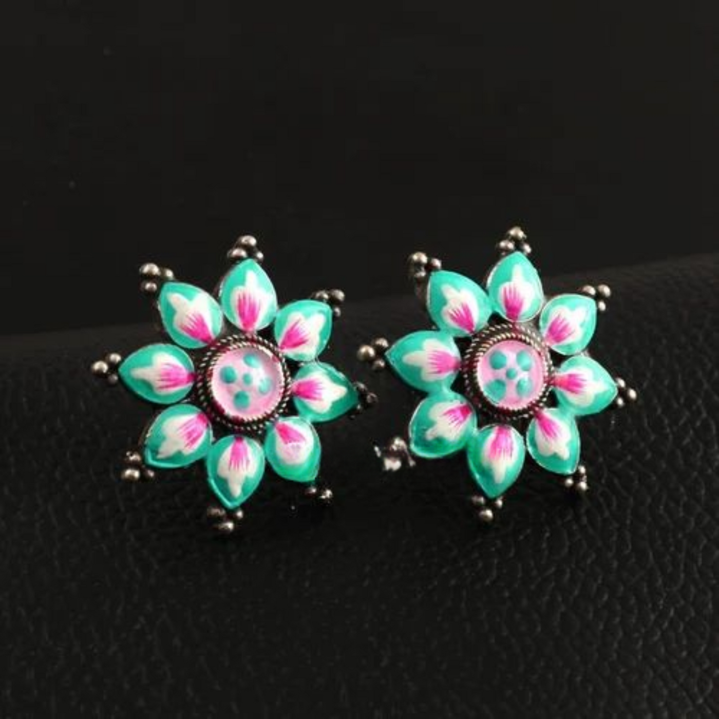 Brass Enamel Hand painted Oxidized Stud Earrings