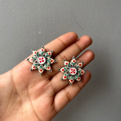 Brass Enamel Hand painted Oxidized Stud Earrings