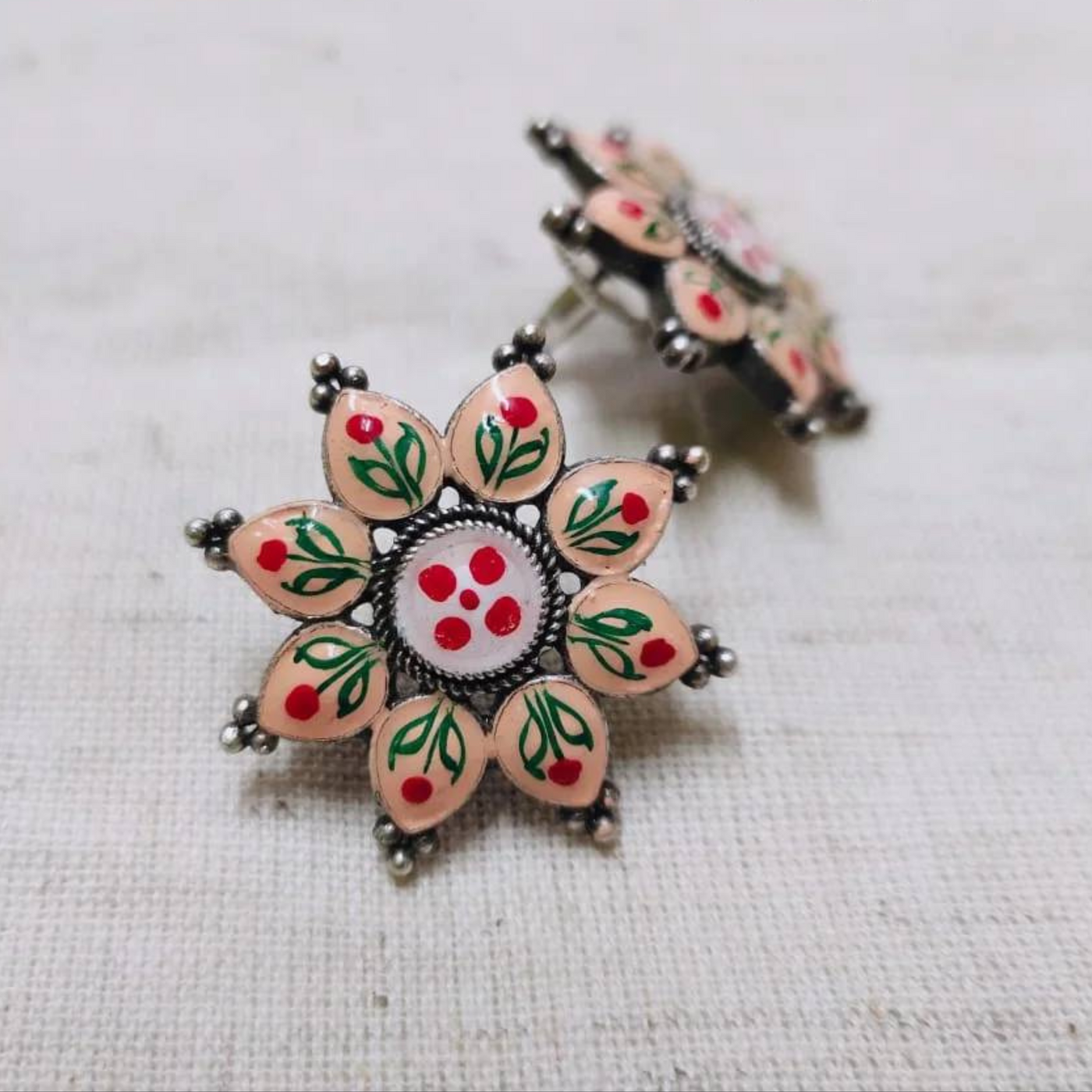 Brass Enamel Hand painted Oxidized Stud Earrings