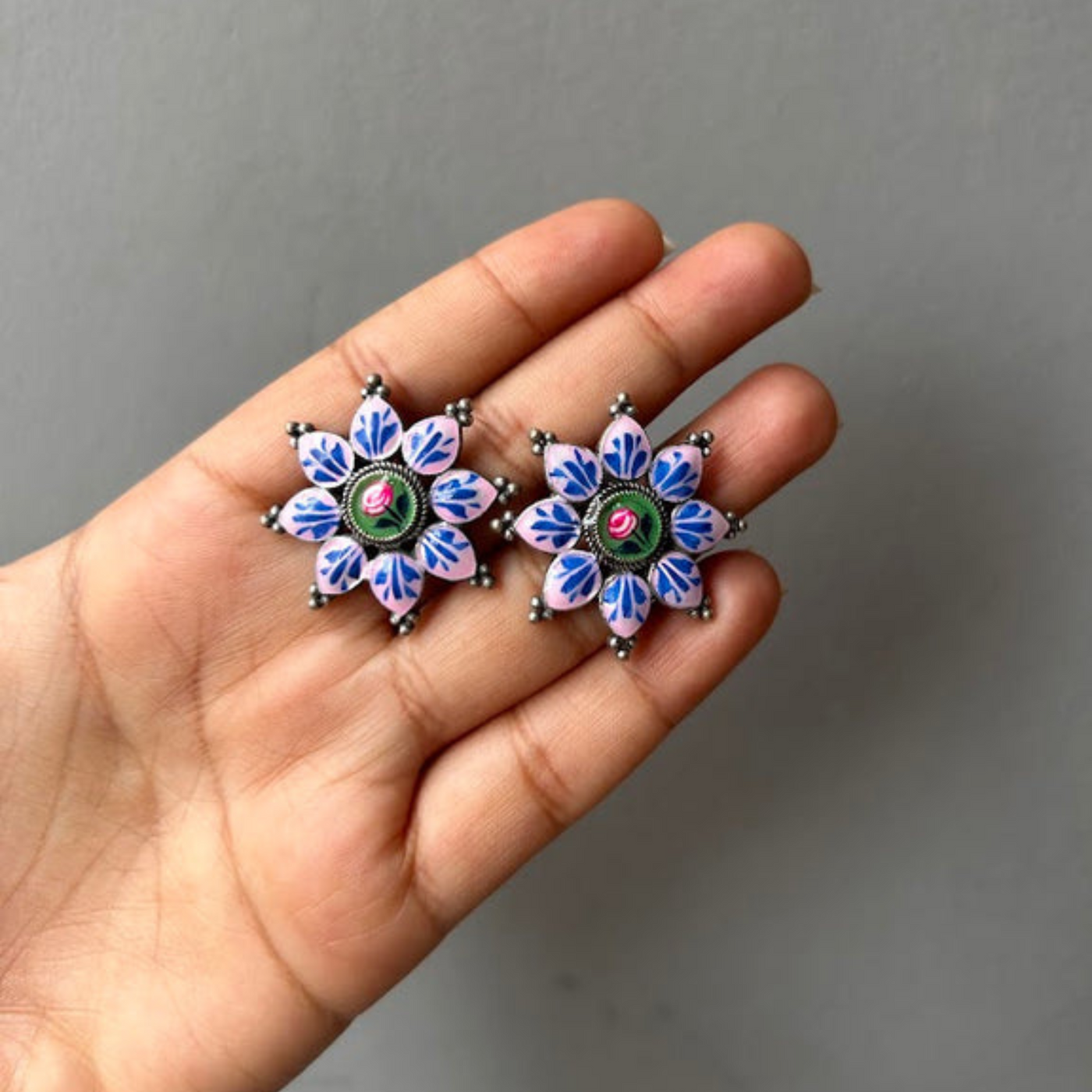 Brass Enamel Hand painted Oxidized Stud Earrings