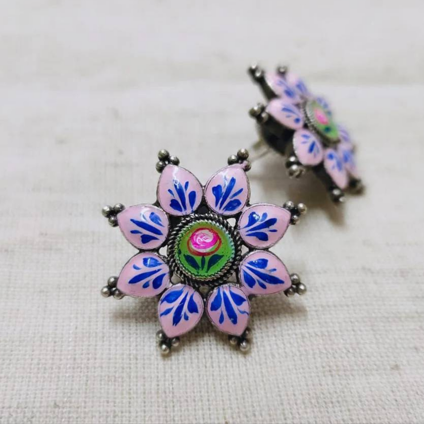 Brass Enamel Hand painted Oxidized Stud Earrings