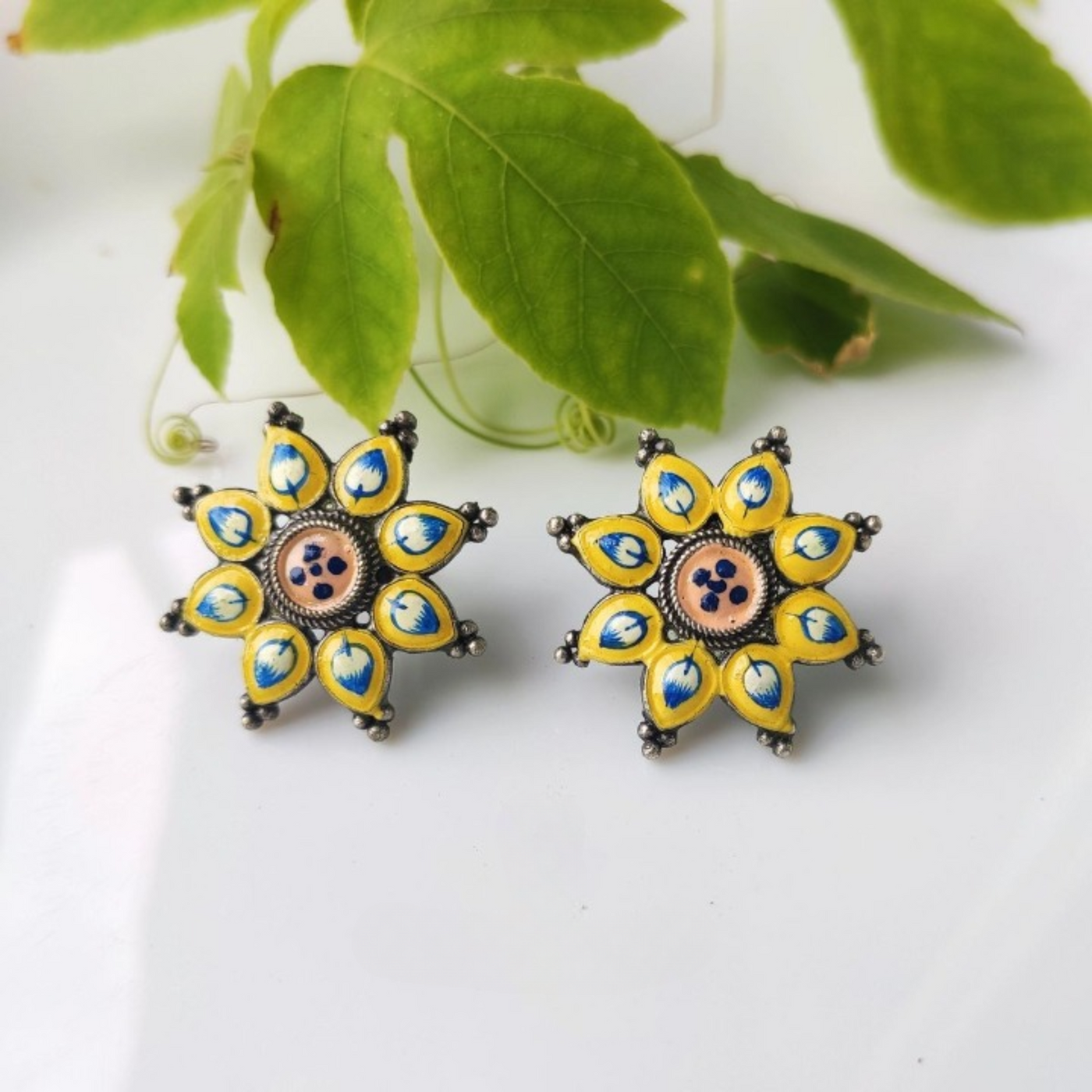 Brass Enamel Hand painted Oxidized Stud Earrings