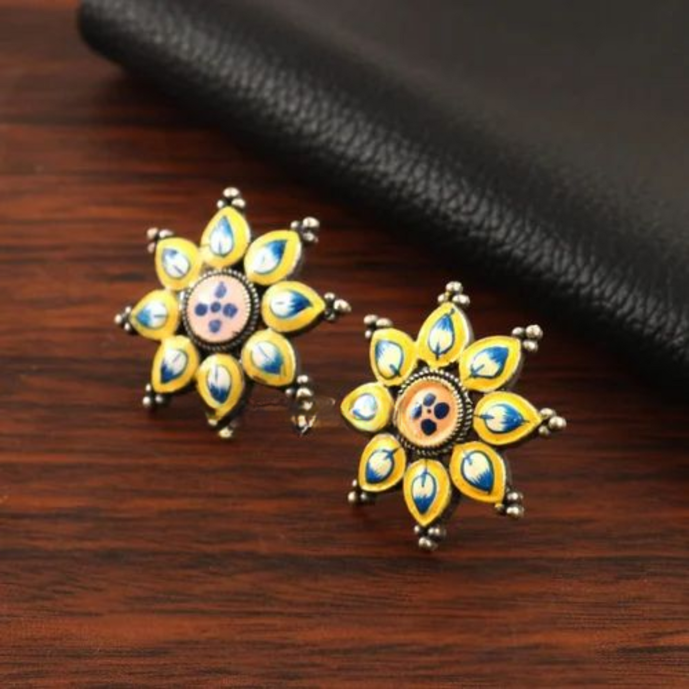 Brass Enamel Hand painted Oxidized Stud Earrings