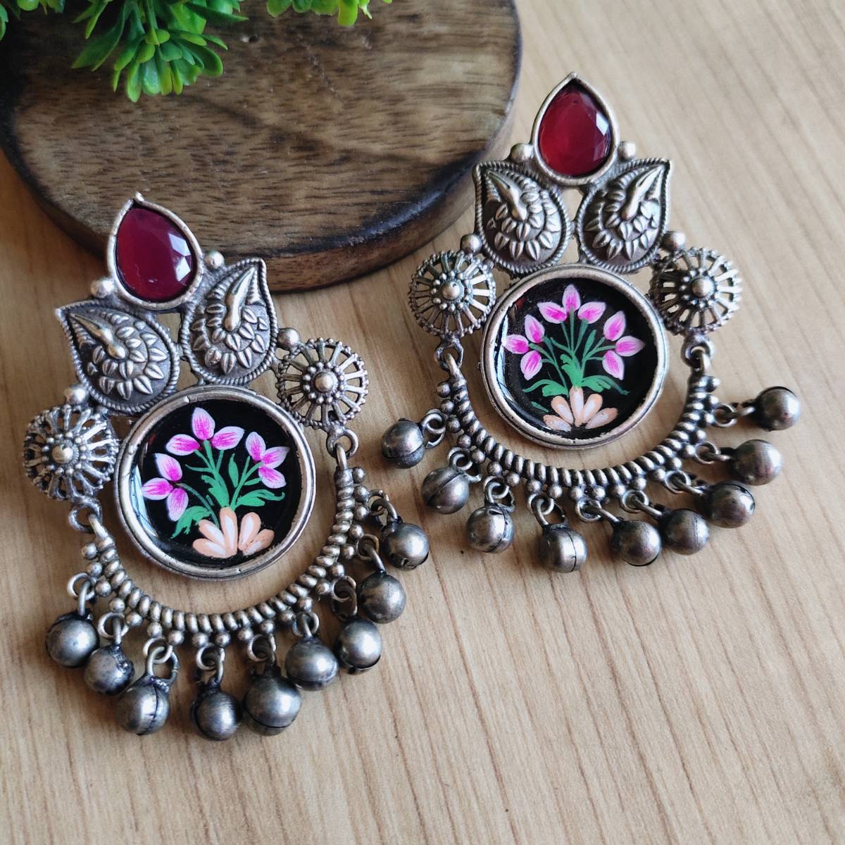 Oxidised Hand painted Meenakari Antique Earrings