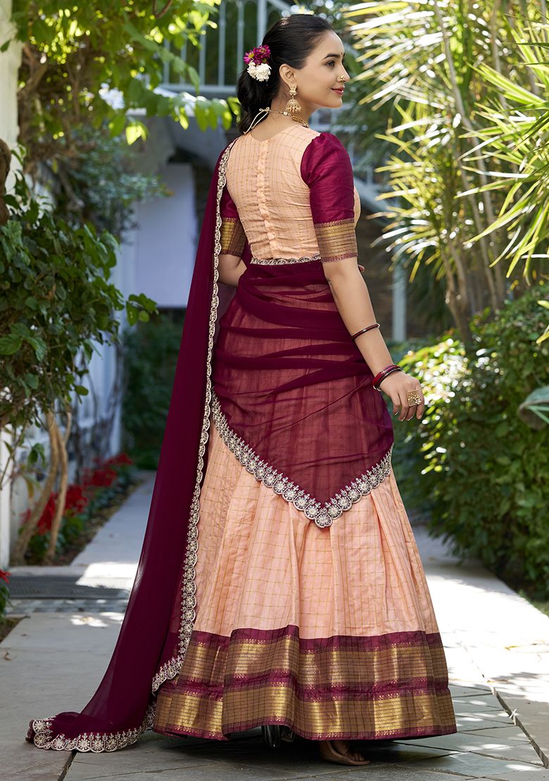 Peach and Maroon Zari Weaving Half Saree Lehenga