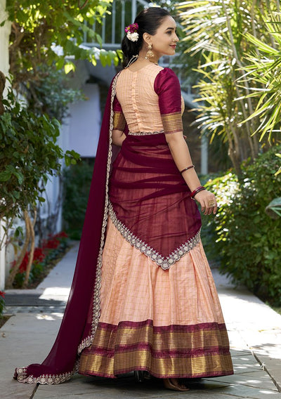 Peach and Maroon Zari Weaving Half Saree Lehenga