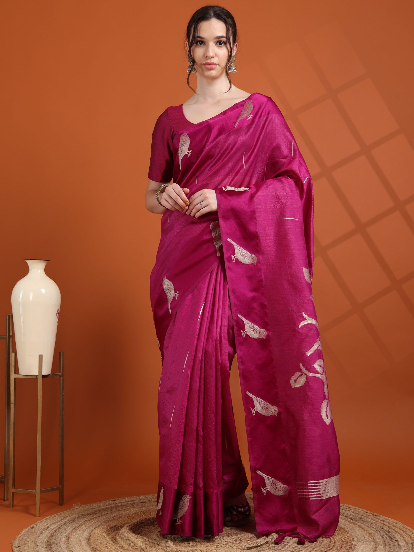 Magenta Semi Tussar Silk Saree with Bird Motif