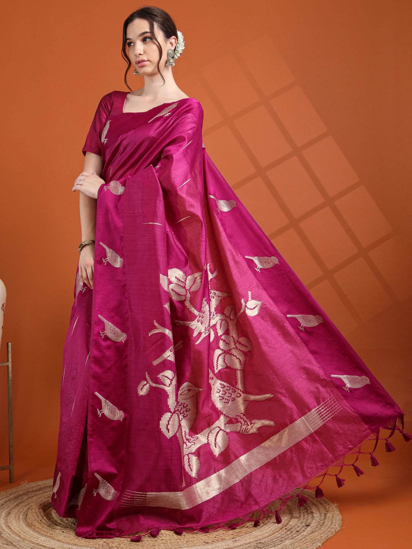 Magenta Semi Tussar Silk Saree with Bird Motif