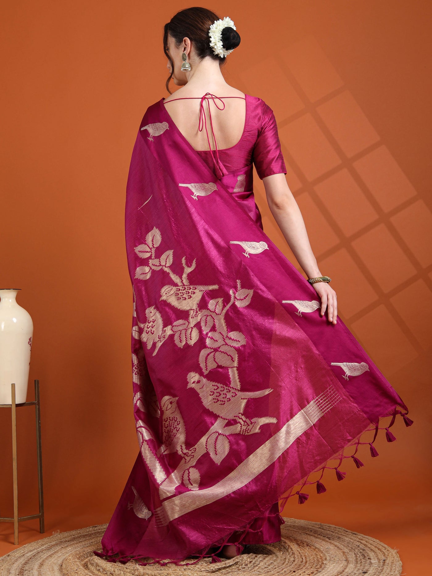 Magenta Semi Tussar Silk Saree with Bird Motif