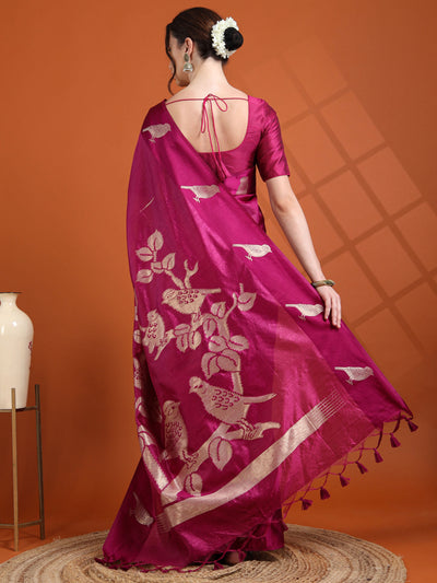 Magenta Semi Tussar Silk Saree with Bird Motif