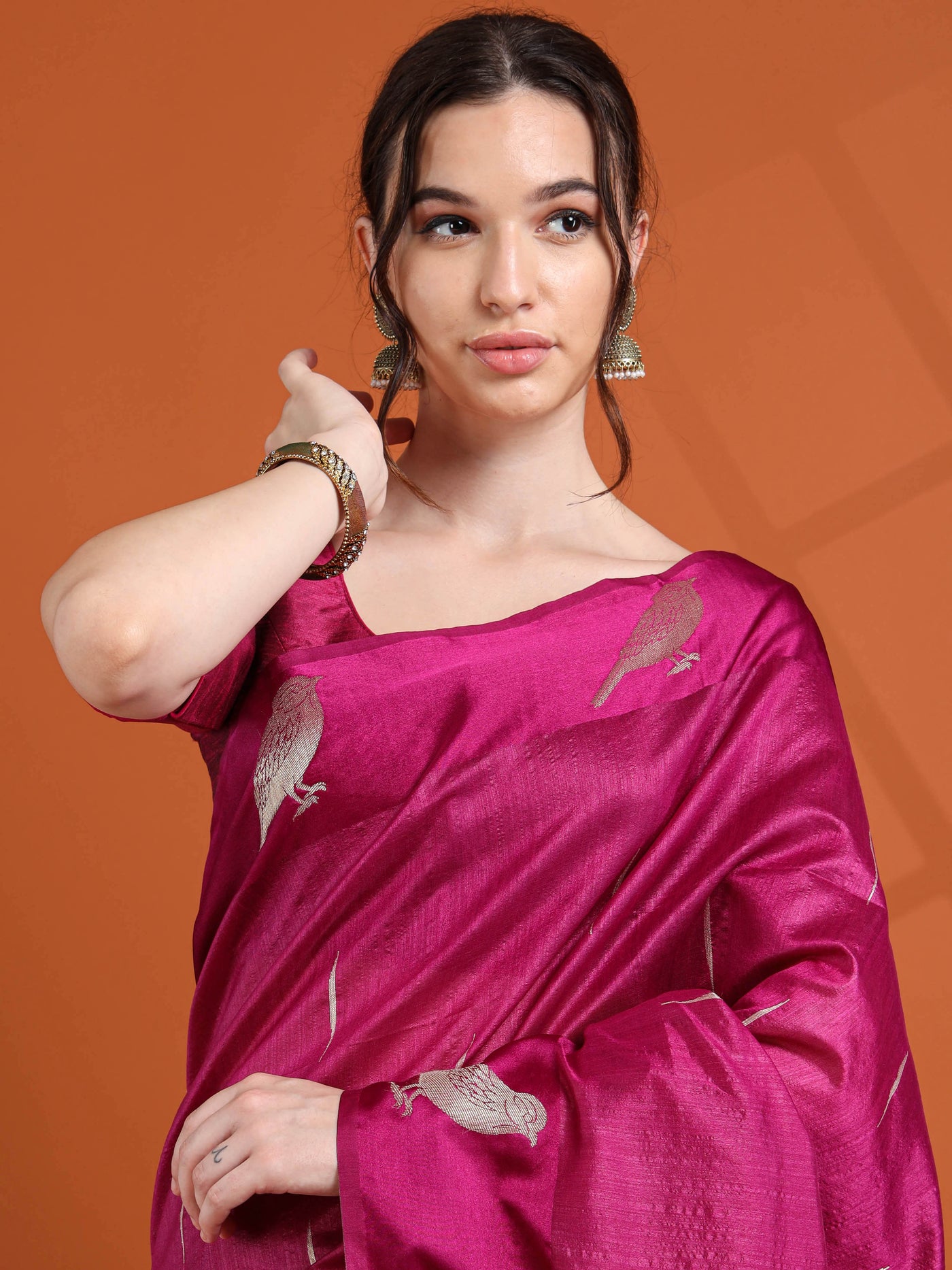 Magenta Semi Tussar Silk Saree with Bird Motif