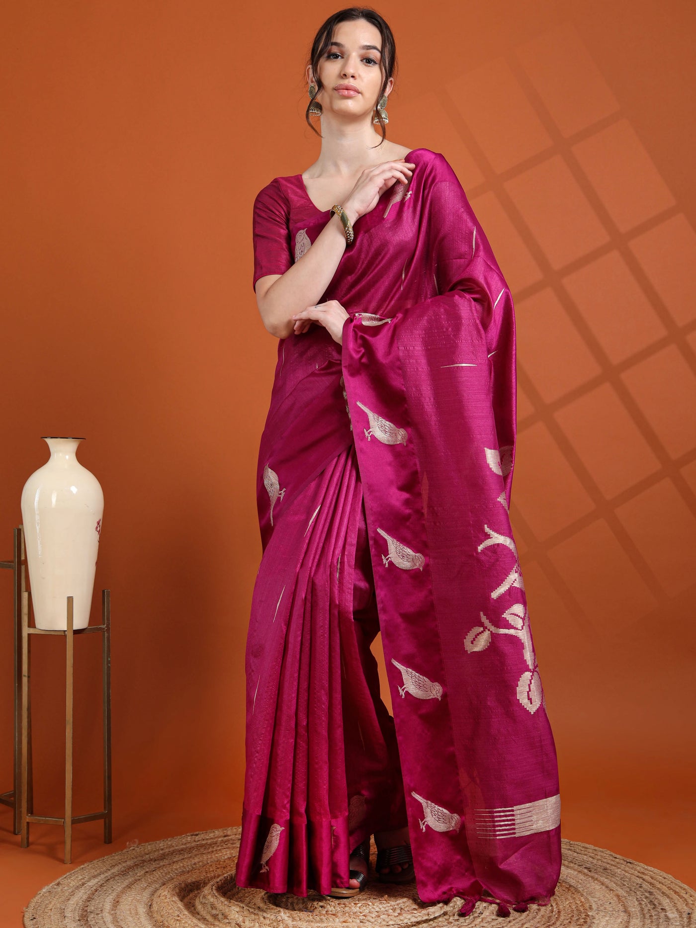 Magenta Semi Tussar Silk Saree with Bird Motif