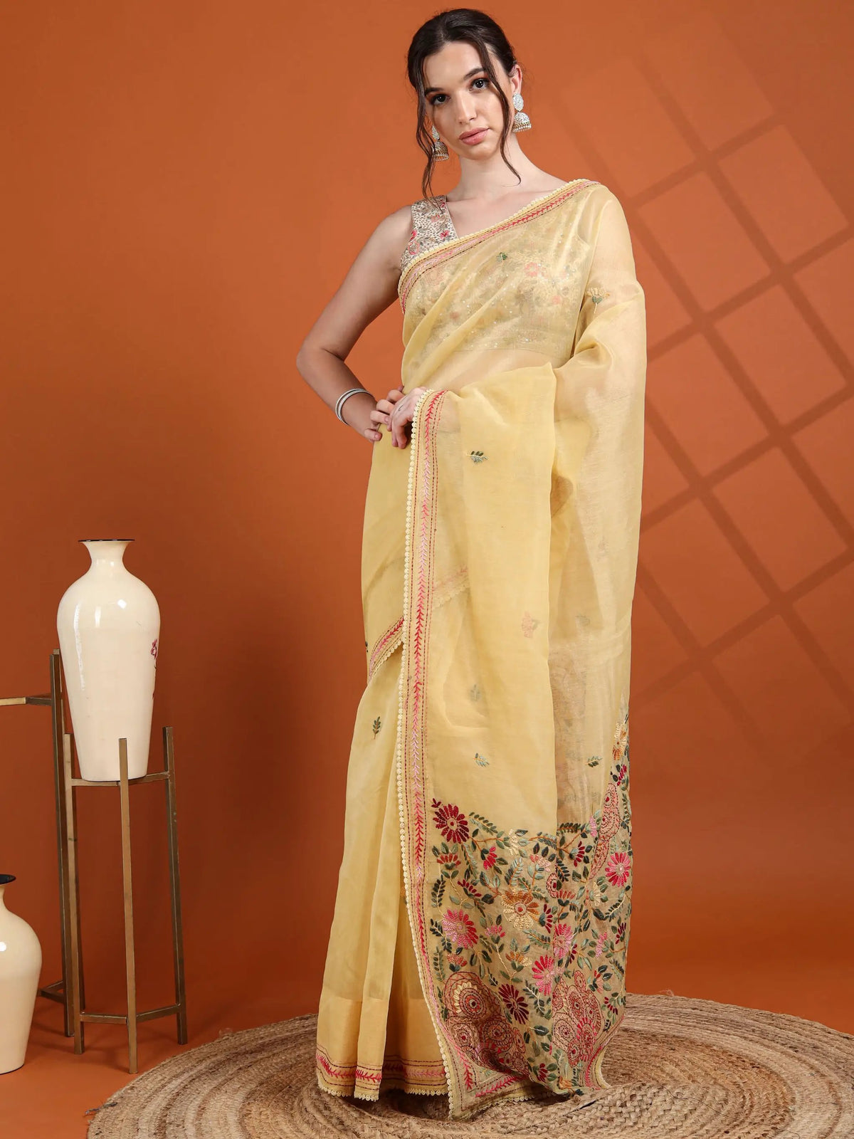 Sari Sunshine Yellow Chanderi Tissue with floral Kantha embroidery by ABI