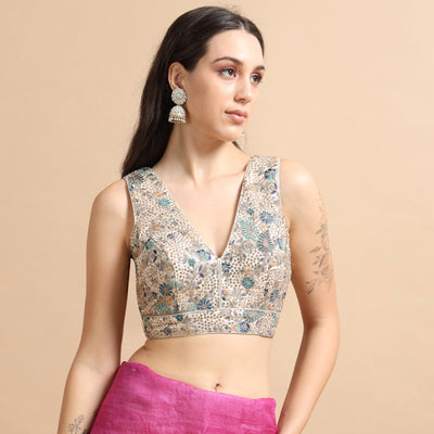 Off white and Blue Embroidered Designer Saree Blouse