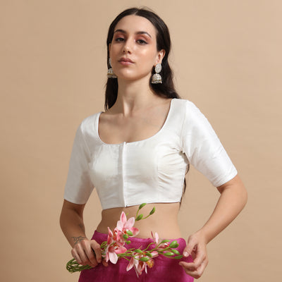 White Readymade Raw Silk Saree Blouse with Elbow Sleeves & Deep Back