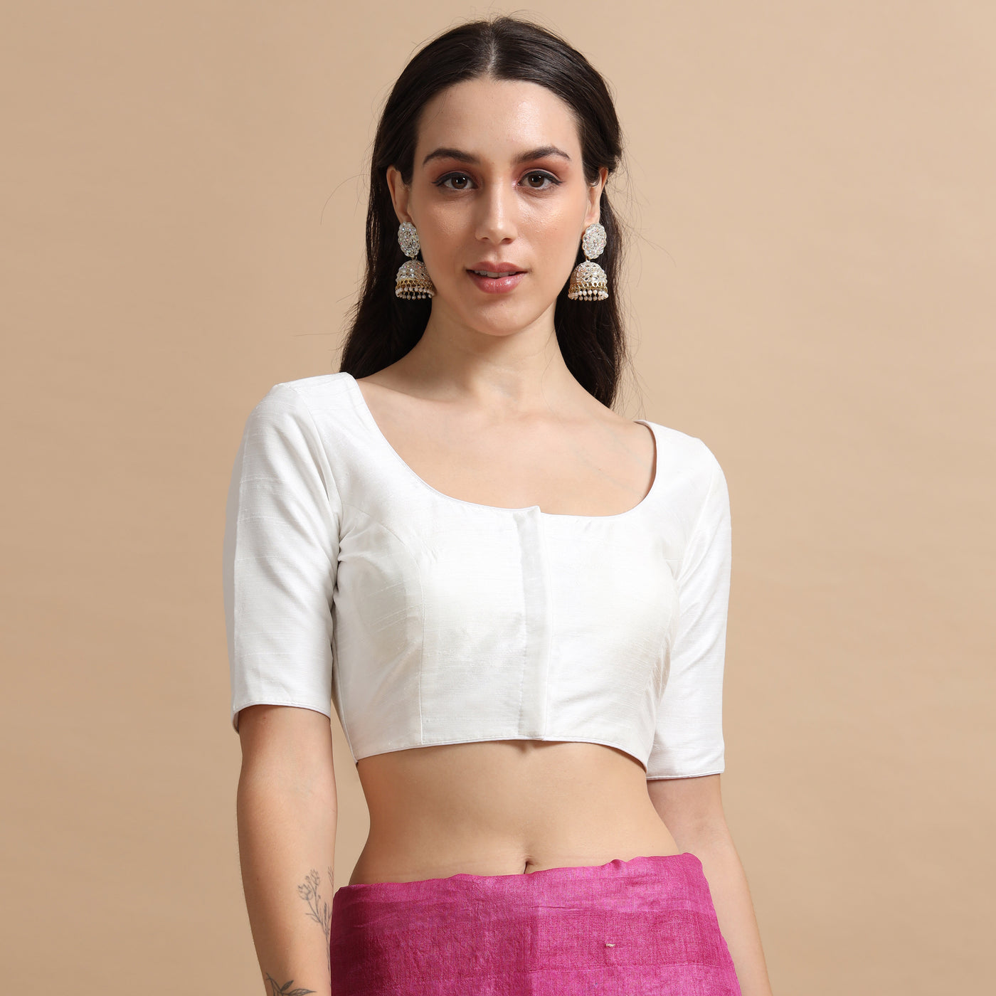 White Readymade Raw Silk Saree Blouse with Elbow Sleeves & Deep Back