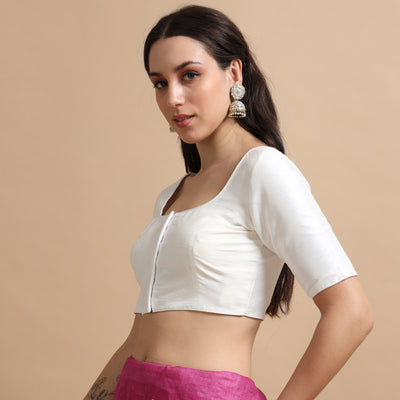 White Readymade Raw Silk Saree Blouse with Elbow Sleeves & Deep Back