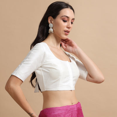White Readymade Raw Silk Saree Blouse with Elbow Sleeves & Deep Back