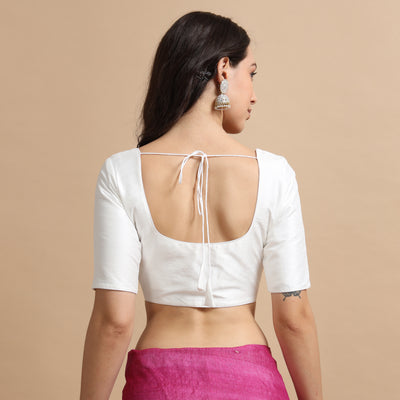 White Readymade Raw Silk Saree Blouse with Elbow Sleeves & Deep Back