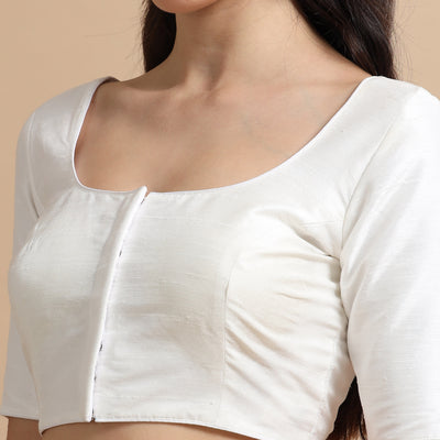 White Readymade Raw Silk Saree Blouse with Elbow Sleeves & Deep Back