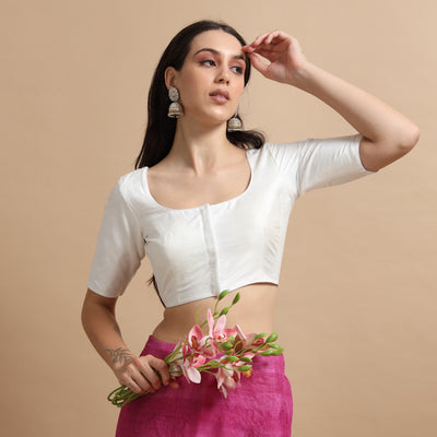 White Readymade Raw Silk Saree Blouse with Elbow Sleeves & Deep Back