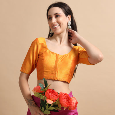 Mustard Readymade Raw Silk Saree Blouse with Elbow Sleeves & Deep Back