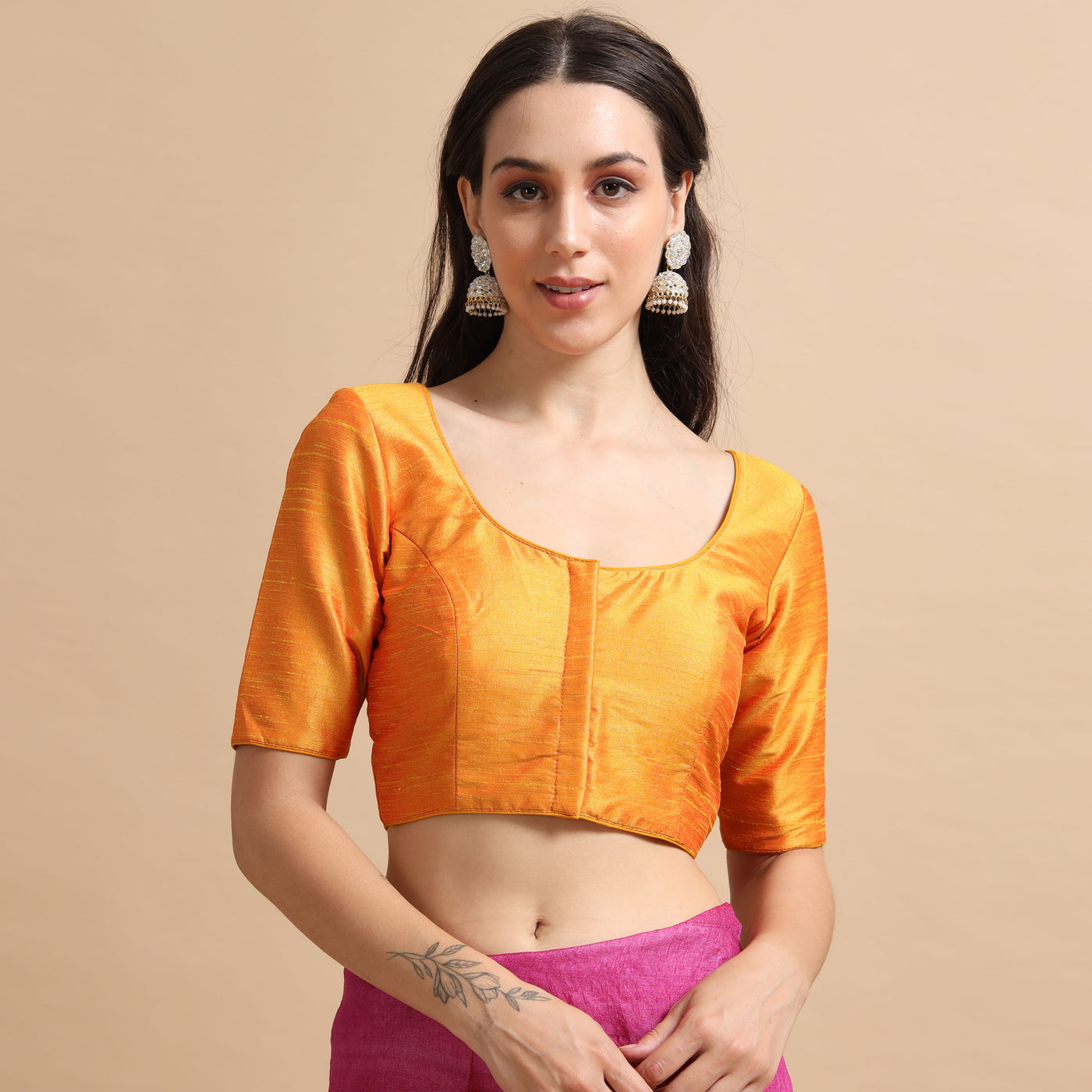 Mustard Readymade Raw Silk Saree Blouse with Elbow Sleeves & Deep Back