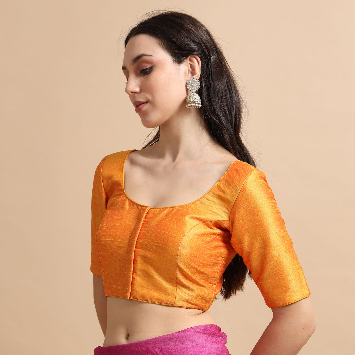 Mustard Readymade Raw Silk Saree Blouse with Elbow Sleeves & Deep Back