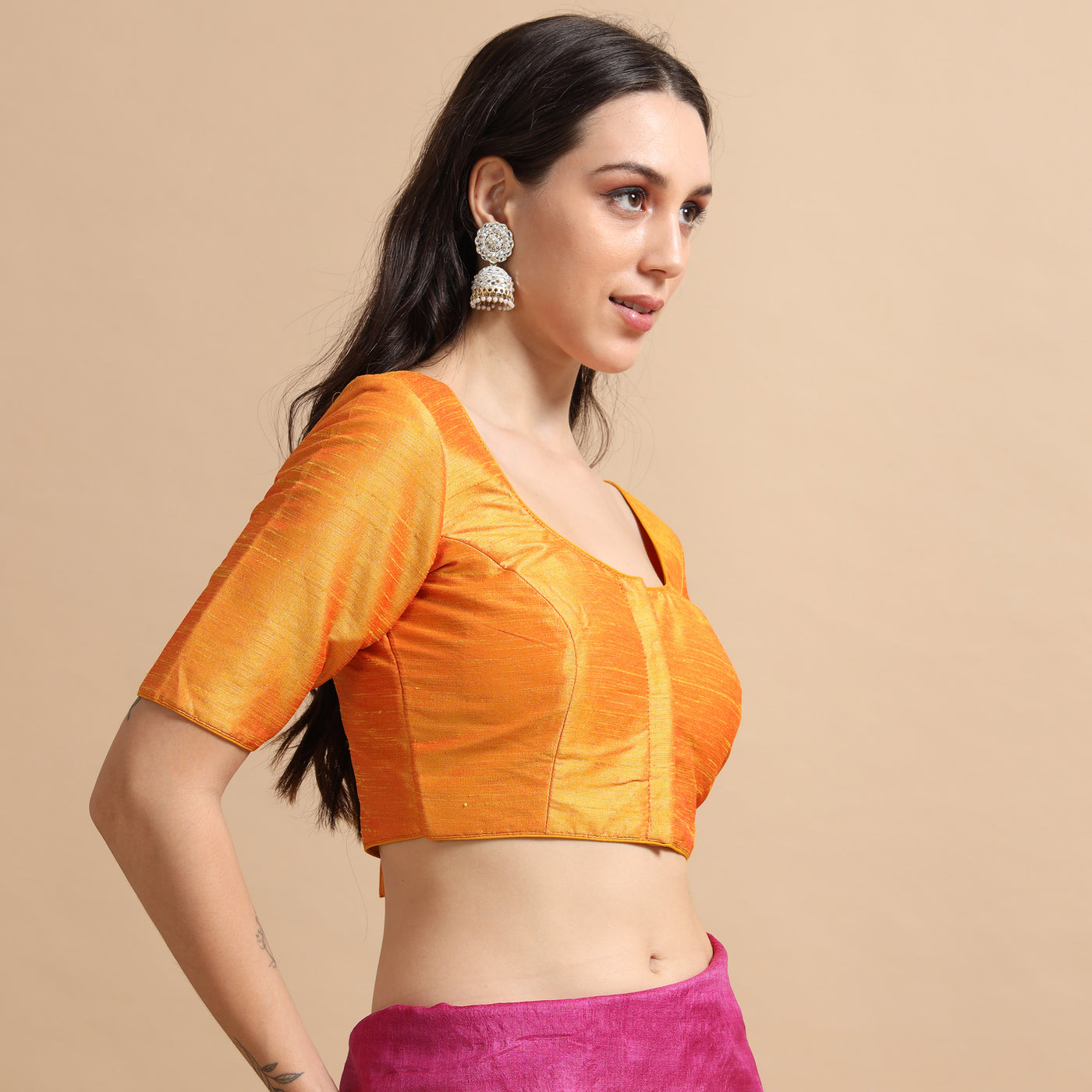 Mustard Readymade Raw Silk Saree Blouse with Elbow Sleeves & Deep Back