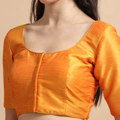 Mustard Readymade Raw Silk Saree Blouse with Elbow Sleeves & Deep Back