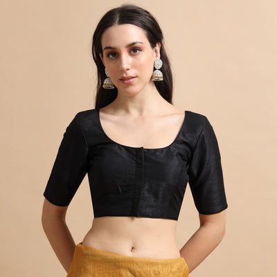 Black Readymade Raw Silk Saree Blouse with Elbow Sleeves & Deep Back