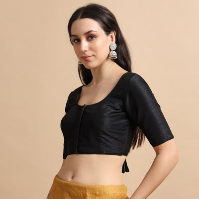 Black Readymade Raw Silk Saree Blouse with Elbow Sleeves & Deep Back
