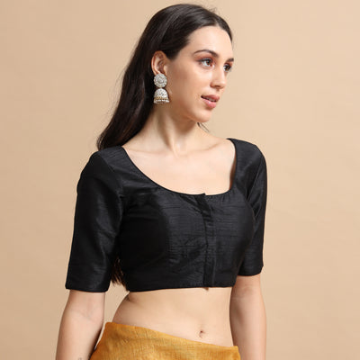 Black Readymade Raw Silk Saree Blouse with Elbow Sleeves & Deep Back