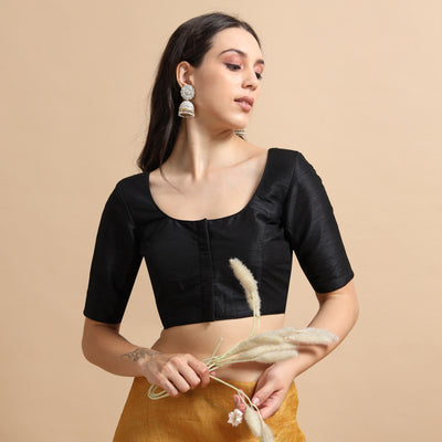 Black Readymade Raw Silk Saree Blouse with Elbow Sleeves & Deep Back