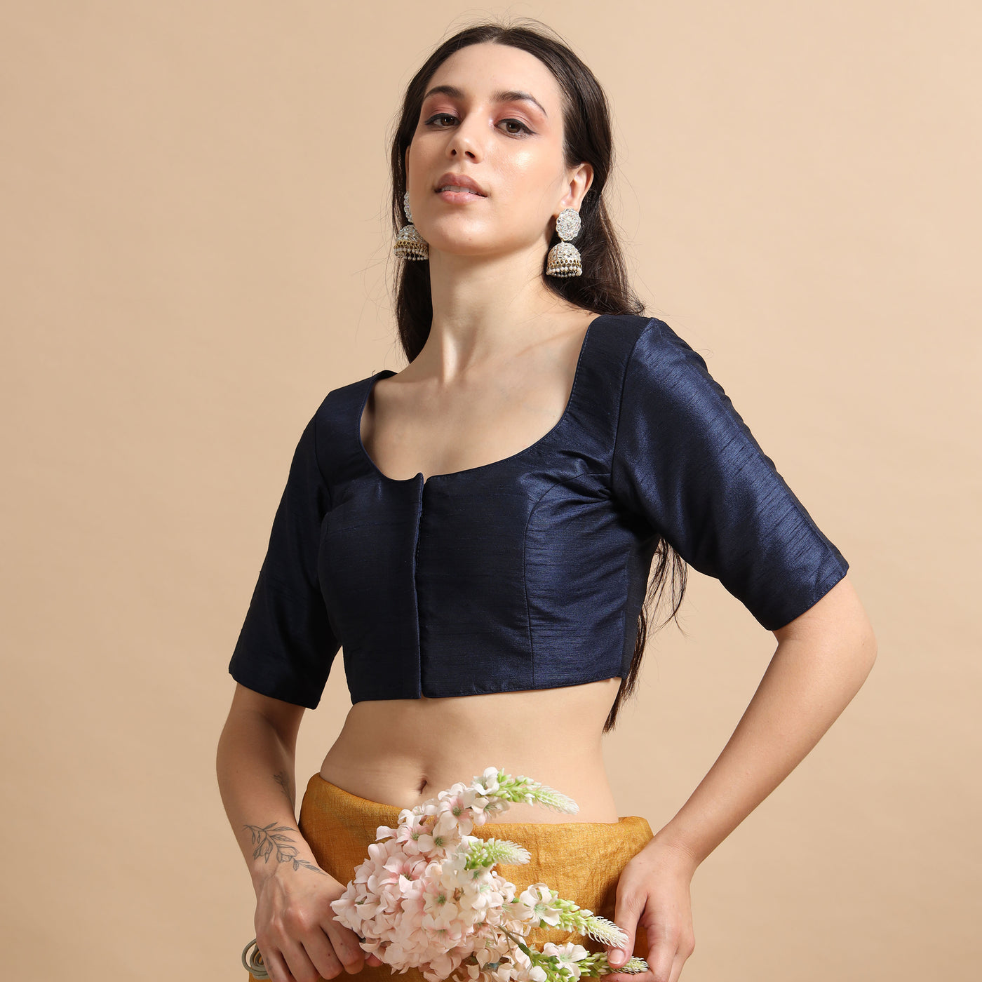 Navy Blue Readymade Raw Silk Saree Blouse with Elbow Sleeves & Deep Back