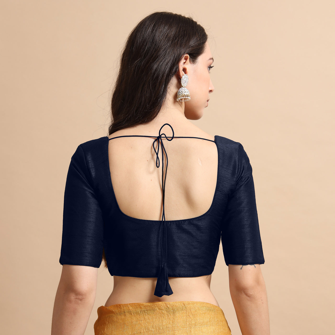 Navy Blue Readymade Raw Silk Saree Blouse with Elbow Sleeves & Deep Back