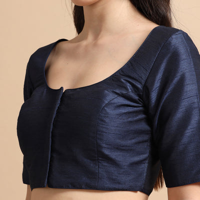 Navy Blue Readymade Raw Silk Saree Blouse with Elbow Sleeves & Deep Back